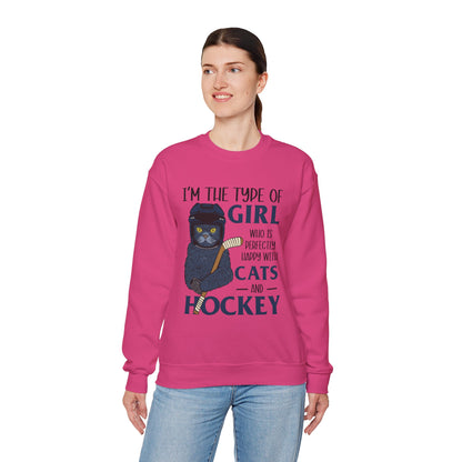 Cats & Hockey Girl Sweatshirt – Funny Unisex Crewneck for Cat Lovers & Sports Fans | Cozy Cotton-Poly Blend