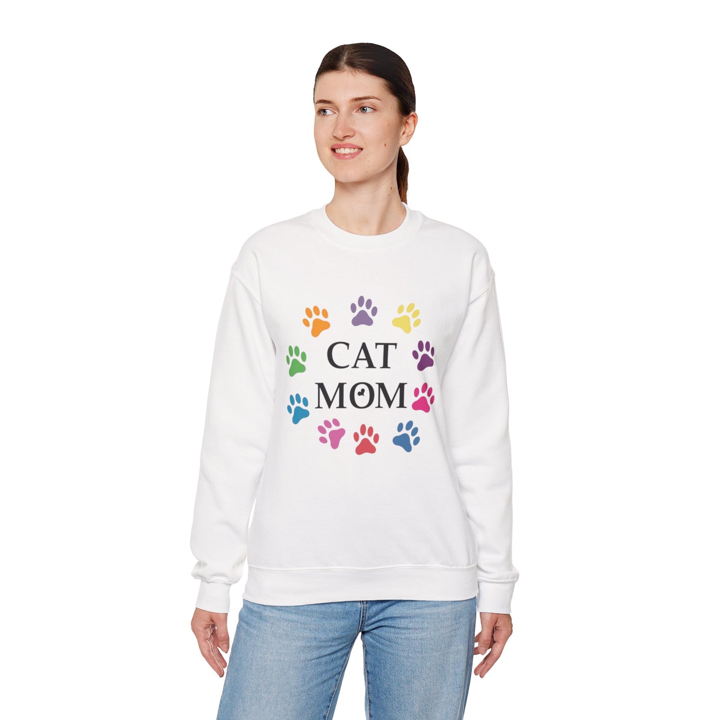 Vibrant Cat Mom Sweatshirt: Colorful Paw Print Circle Crewneck | Cozy 50/50 Cotton-Poly Gift