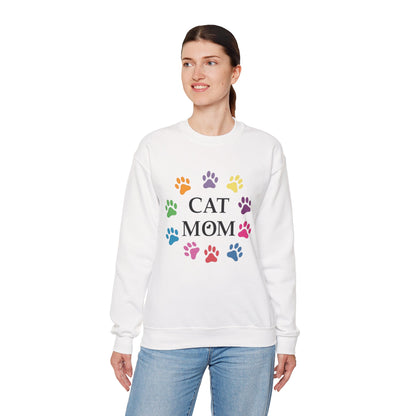 Vibrant Cat Mom Sweatshirt: Colorful Paw Print Circle Crewneck | Cozy 50/50 Cotton-Poly Gift