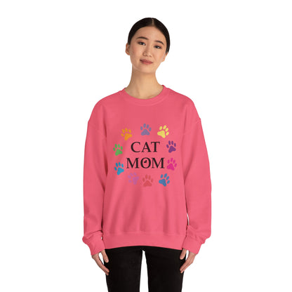 Vibrant Cat Mom Sweatshirt: Colorful Paw Print Circle Crewneck | Cozy 50/50 Cotton-Poly Gift