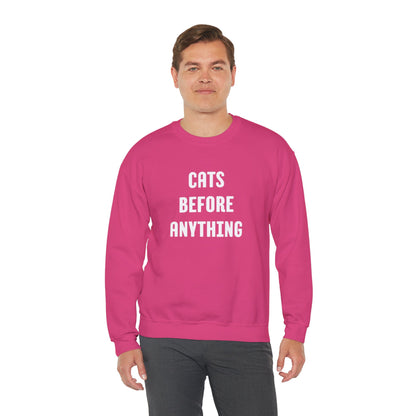 CATS BEFORE ANYTHING Sweatshirt 🐾 | Funny Unisex Crewneck for Cat Lovers | Bold Black & White Statement Pullover
