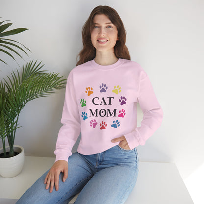 Vibrant Cat Mom Sweatshirt: Colorful Paw Print Circle Crewneck | Cozy 50/50 Cotton-Poly Gift
