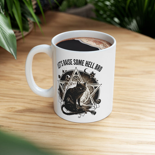 🎸 "Let's Raise Some Hell Bro" Gothic Cat Mug - Rocker Cat with Guitar & Pentagram - 11oz 😺