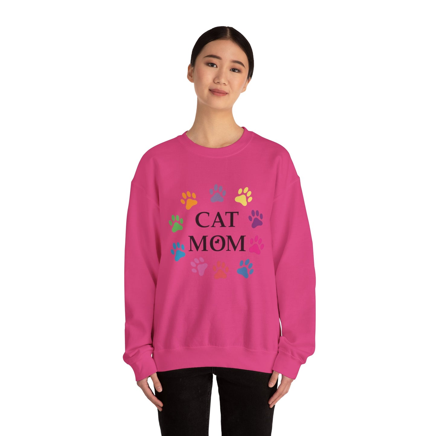 Vibrant Cat Mom Sweatshirt: Colorful Paw Print Circle Crewneck | Cozy 50/50 Cotton-Poly Gift