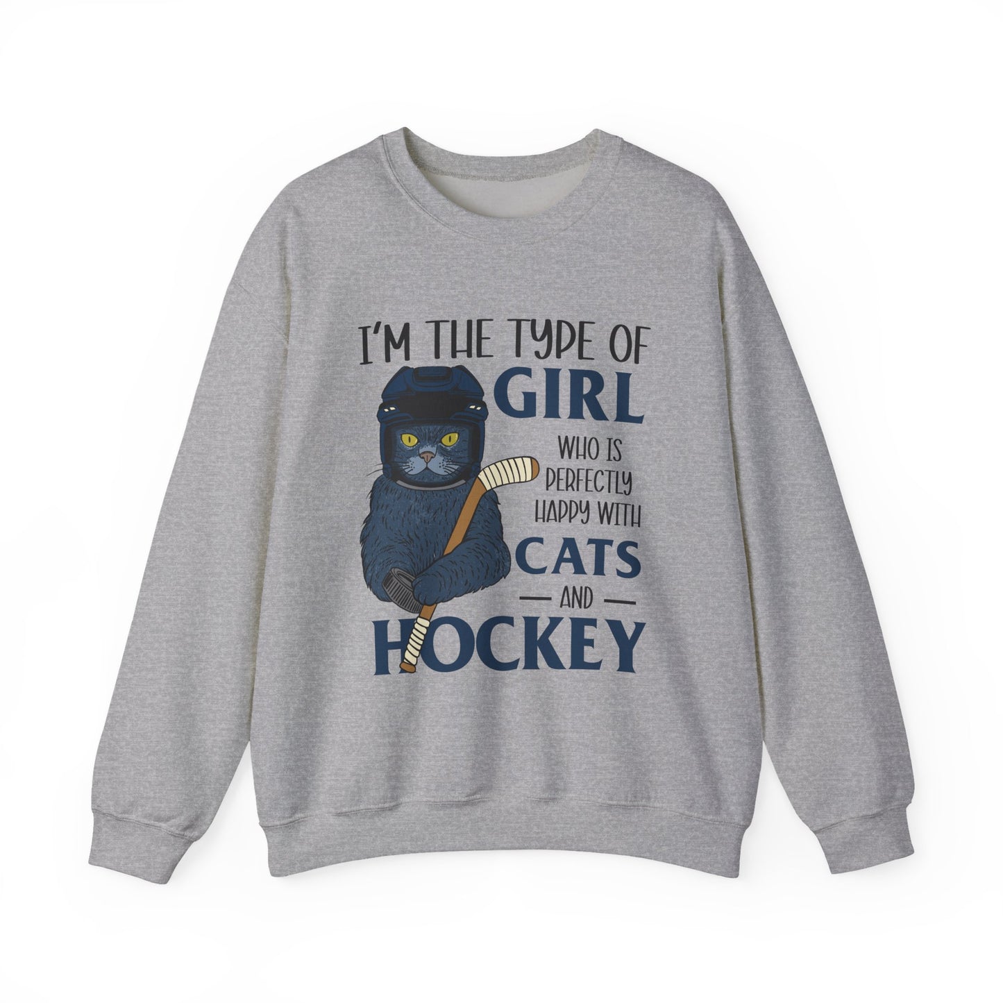 Cats & Hockey Girl Sweatshirt – Funny Unisex Crewneck for Cat Lovers & Sports Fans | Cozy Cotton-Poly Blend