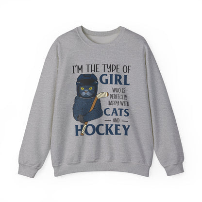 Cats & Hockey Girl Sweatshirt – Funny Unisex Crewneck for Cat Lovers & Sports Fans | Cozy Cotton-Poly Blend