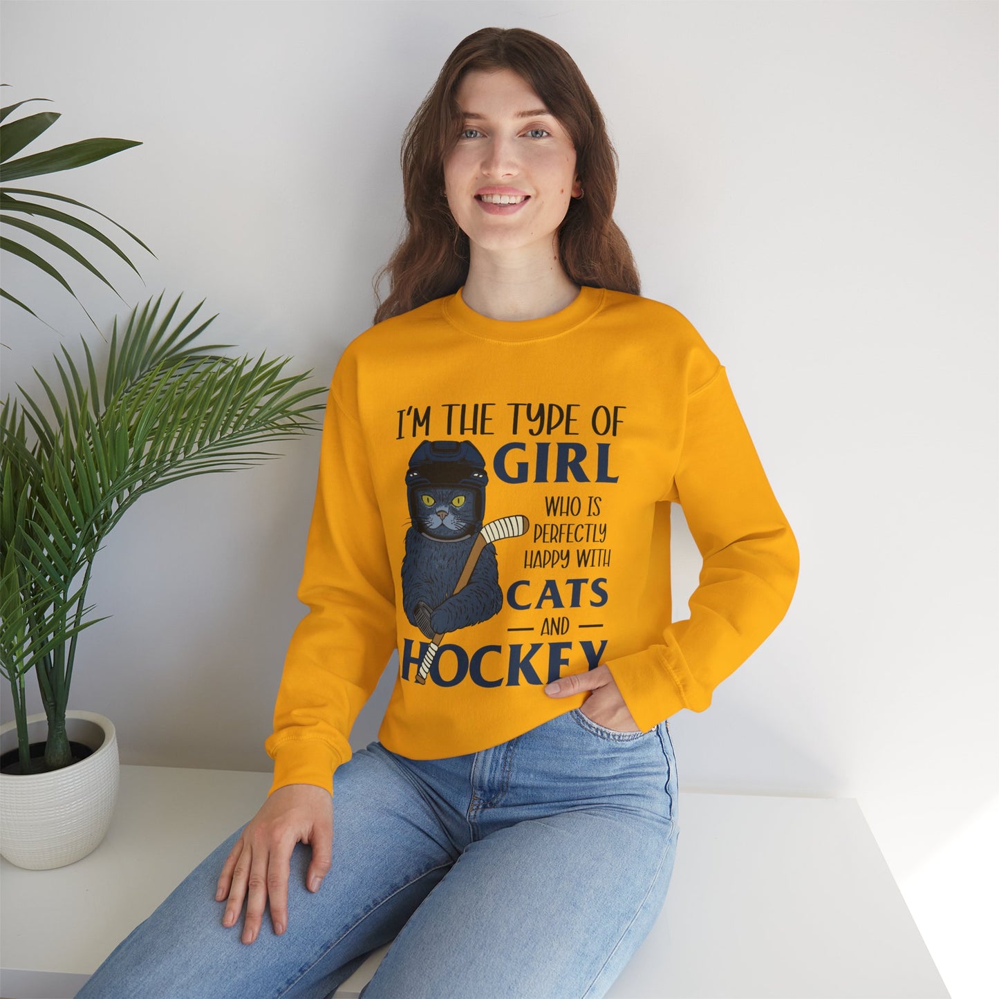Cats & Hockey Girl Sweatshirt – Funny Unisex Crewneck for Cat Lovers & Sports Fans | Cozy Cotton-Poly Blend