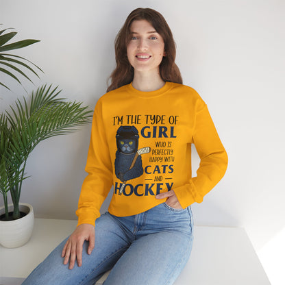 Cats & Hockey Girl Sweatshirt – Funny Unisex Crewneck for Cat Lovers & Sports Fans | Cozy Cotton-Poly Blend