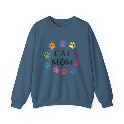 Vibrant Cat Mom Sweatshirt: Colorful Paw Print Circle Crewneck | Cozy 50/50 Cotton-Poly Gift