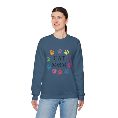 Vibrant Cat Mom Sweatshirt: Colorful Paw Print Circle Crewneck | Cozy 50/50 Cotton-Poly Gift