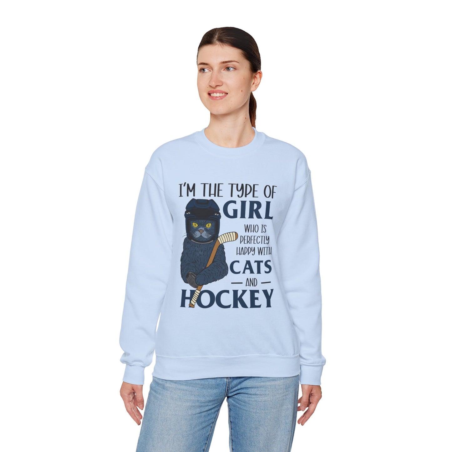 Cats & Hockey Girl Sweatshirt – Funny Unisex Crewneck for Cat Lovers & Sports Fans | Cozy Cotton-Poly Blend