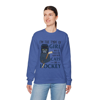 Cats & Hockey Girl Sweatshirt – Funny Unisex Crewneck for Cat Lovers & Sports Fans | Cozy Cotton-Poly Blend