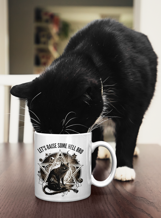 🎸 "Let's Raise Some Hell Bro" Gothic Cat Mug - Rocker Cat with Guitar & Pentagram - 11oz 😺
