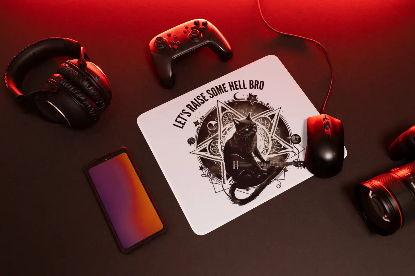 😈 Occult Kitty Rocks! Mousepad 🎸 - Pentagram Vibes, Smooth Glides - Free Shipping 🤘