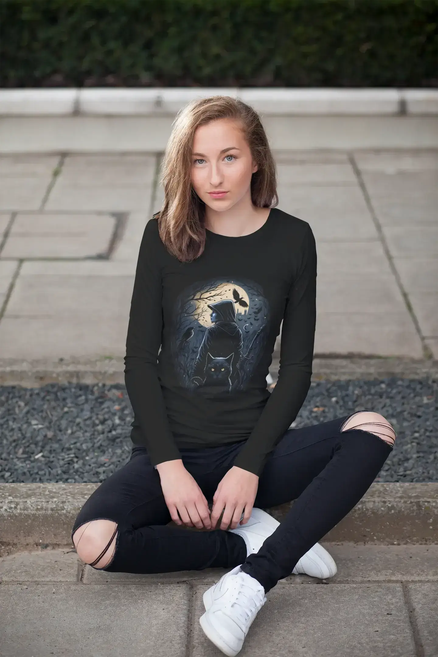 Moonlit Guardian Long Sleeve Tee | Gothic Cat & Raven 🌙🐈‍⬛