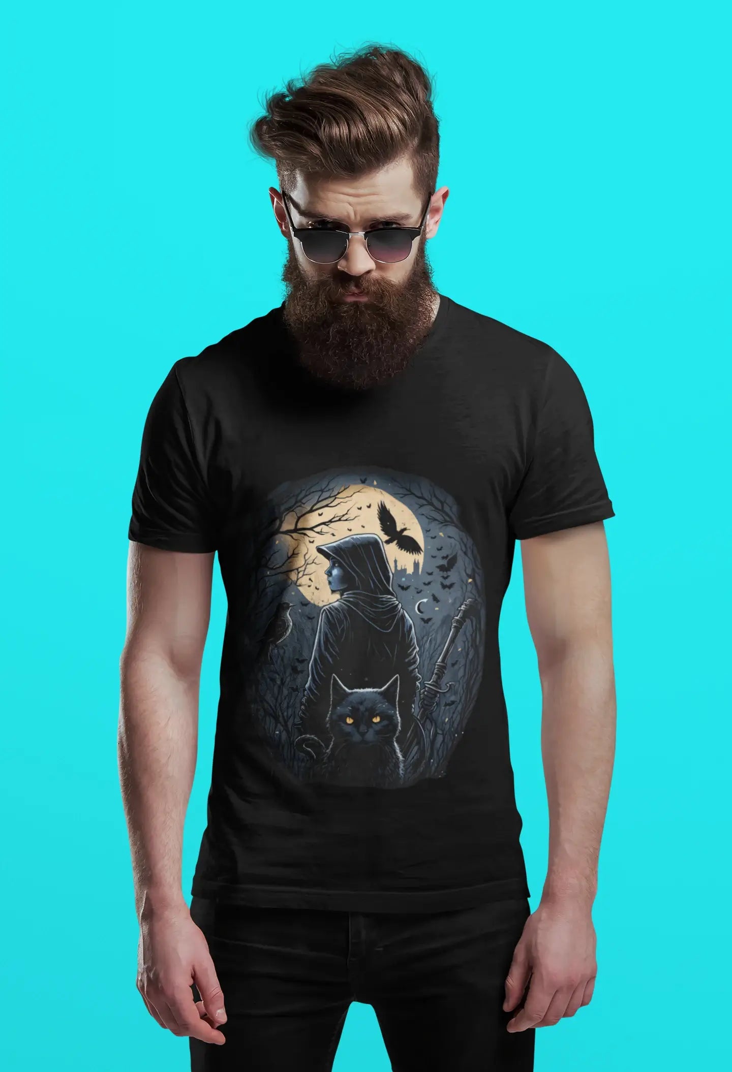 Shadow Seeker Unisex T-Shirt – Mystical Night, Black Cat & Moonlit Adventure