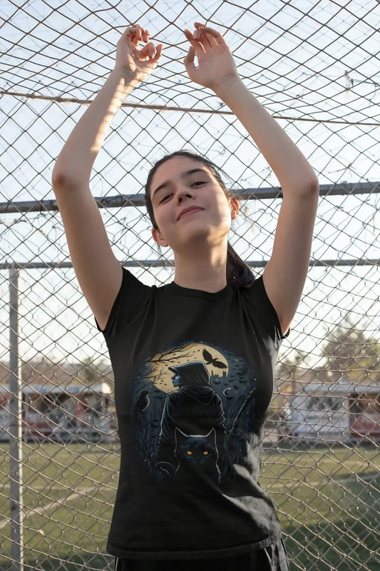 Shadow Seeker Unisex T-Shirt – Mystical Night, Black Cat & Moonlit Adventure