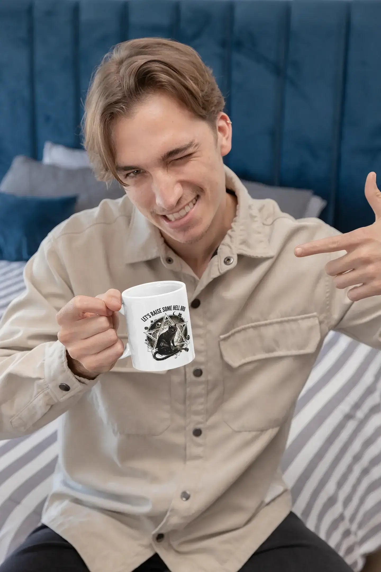 🎸 "Let's Raise Some Hell Bro" Gothic Cat Mug - Rocker Cat with Guitar & Pentagram - 11oz 😺