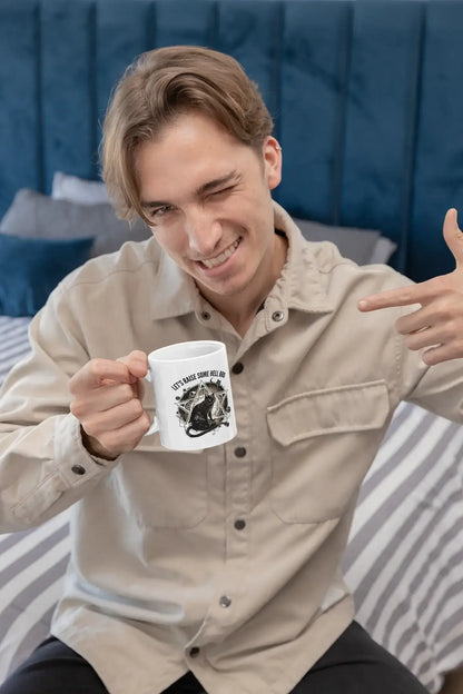 🎸 "Let's Raise Some Hell Bro" Gothic Cat Mug - Rocker Cat with Guitar & Pentagram - 11oz 😺